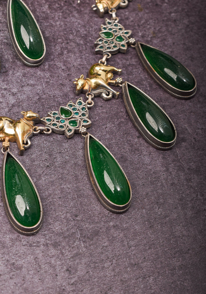 Fusion Dual Tone Jewelry with Pichwai Cow units and Green stones | Shobitam Jewelry