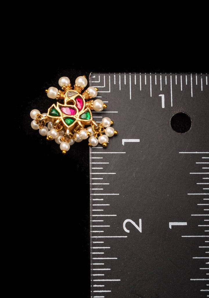 Jadau Kundan Peacock design Clip or nose pin with white dangling beads | Shobitam Jewelry