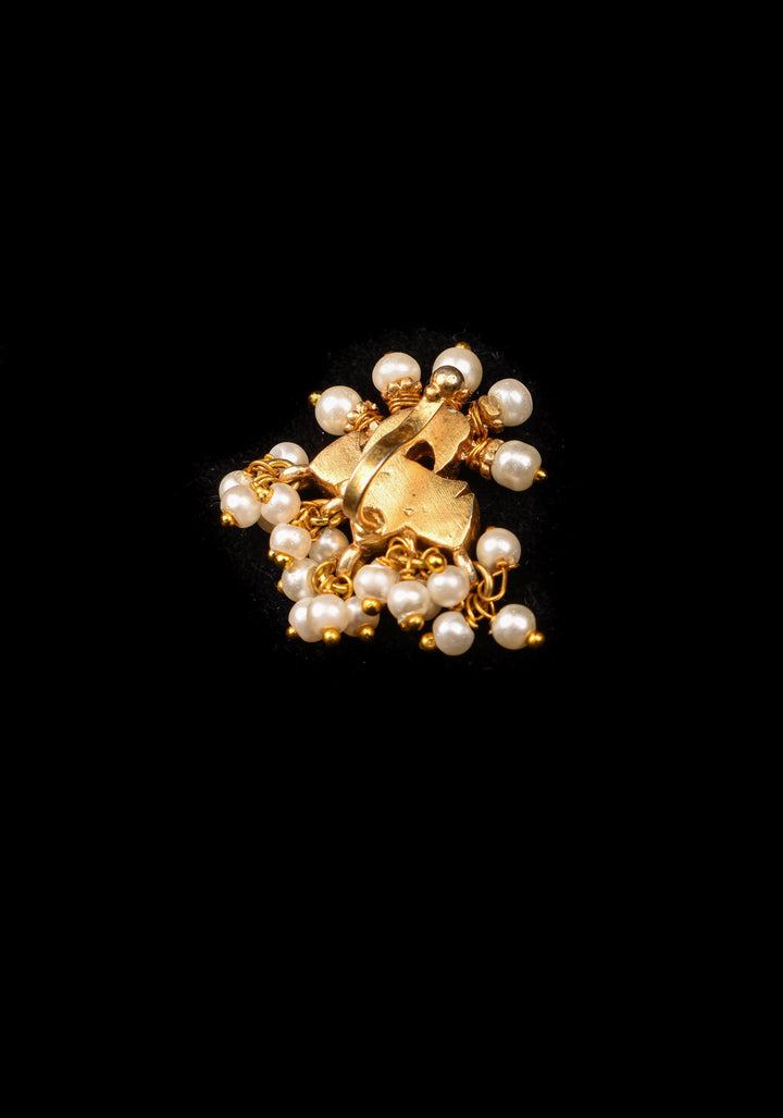 Jadau Kundan Peacock design Clip or nose pin with white dangling beads | Shobitam Jewelry