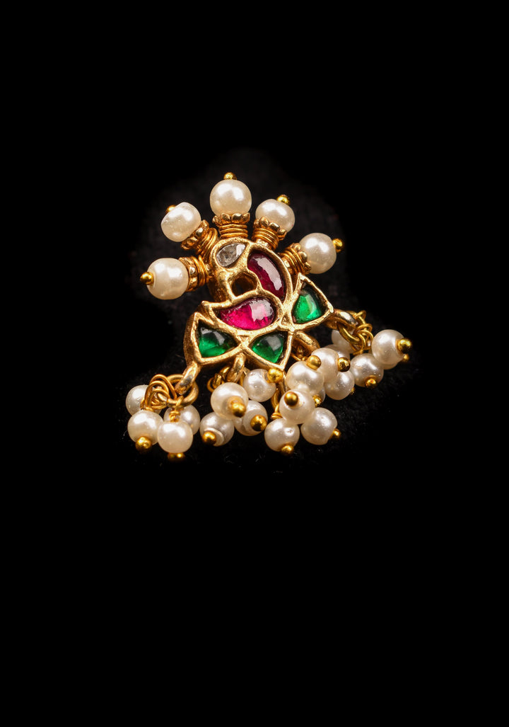 Jadau Kundan Peacock design Clip or nose pin with white dangling beads | Shobitam Jewelry