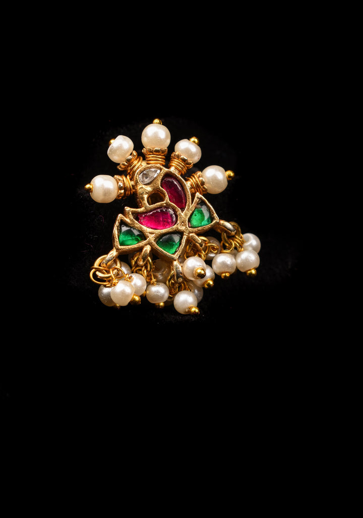 Jadau Kundan Peacock design Clip or nose pin with white dangling beads | Shobitam Jewelry