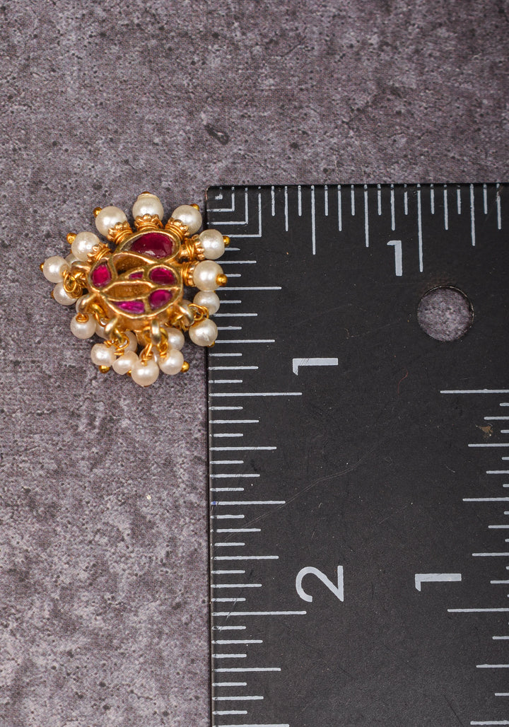Jadau Kundan Clip or  nose pin with white dangling beads | Shobitam Jewelry