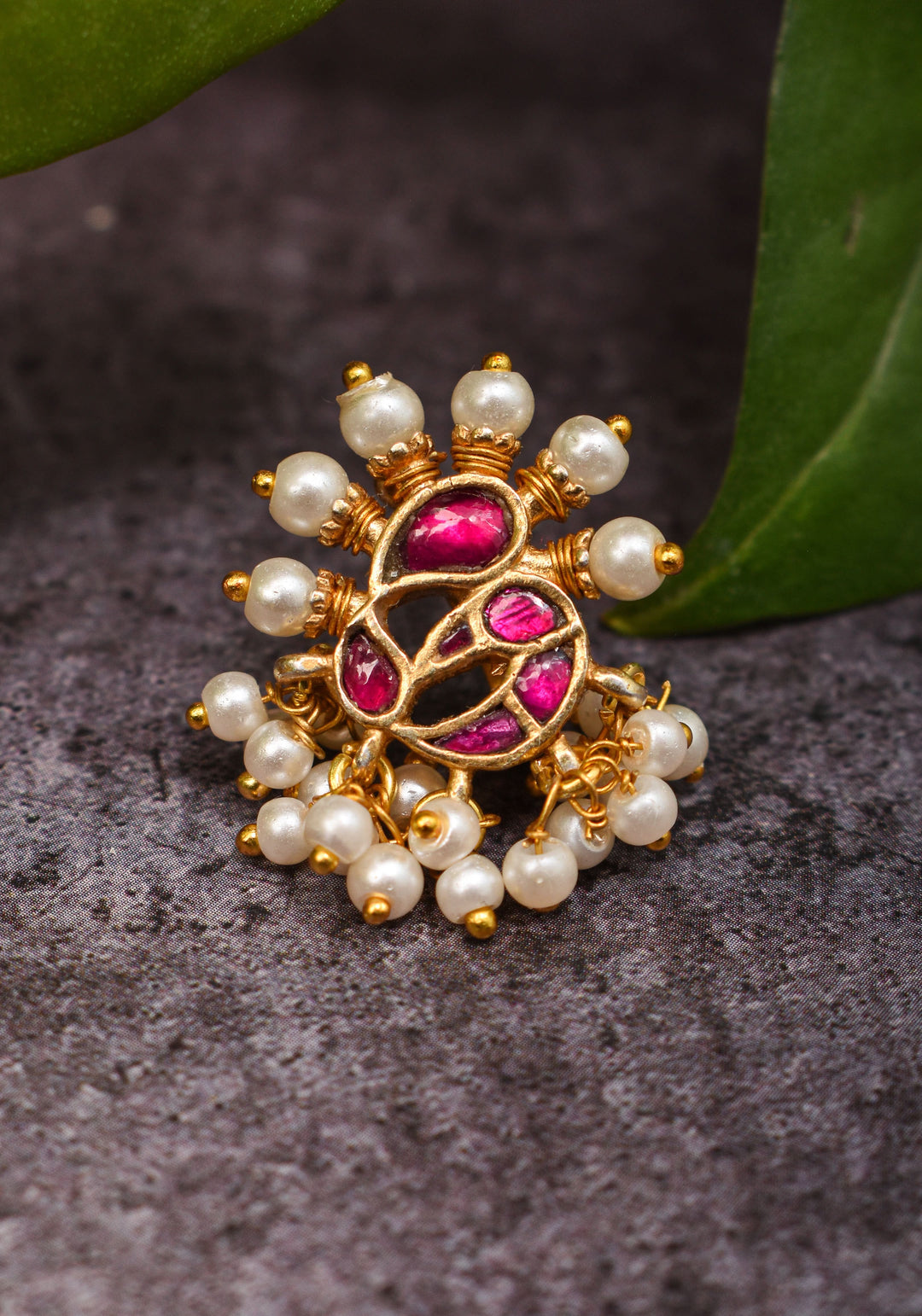 Jadau Kundan Clip or  nose pin with white dangling beads | Shobitam Jewelry