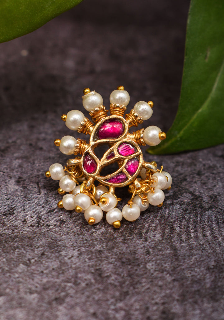 Jadau Kundan Clip or  nose pin with white dangling beads | Shobitam Jewelry