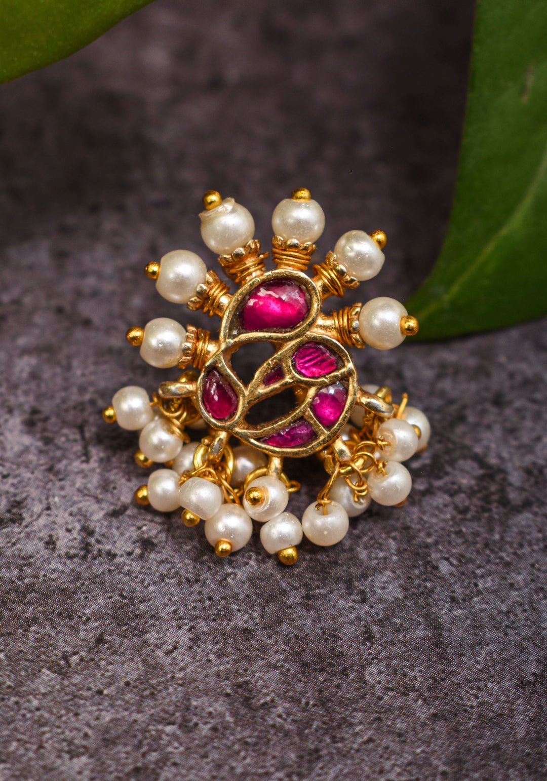 Jadau Kundan Clip or  nose pin with white dangling beads | Shobitam Jewelry