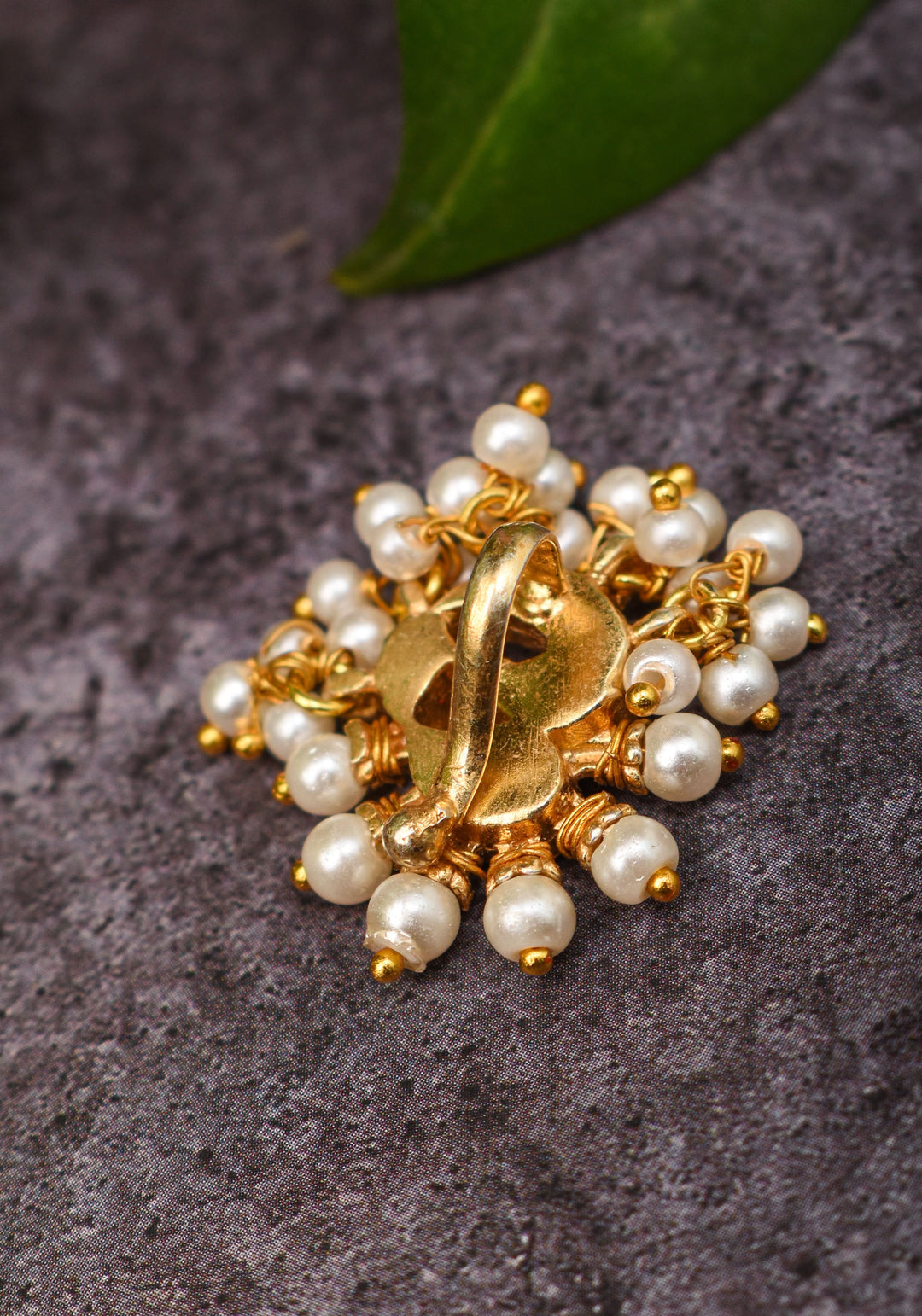 Jadau Kundan Clip or  nose pin with white dangling beads | Shobitam Jewelry