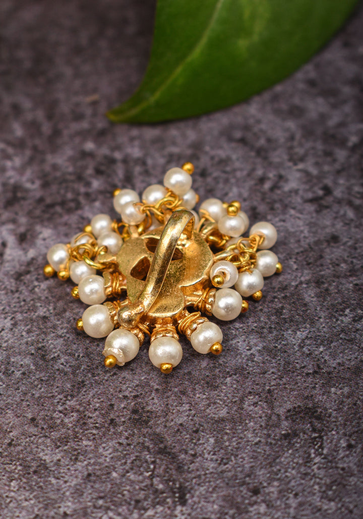 Jadau Kundan Clip or  nose pin with white dangling beads | Shobitam Jewelry