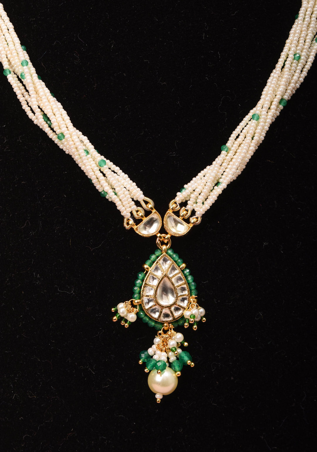Ahmedabadi Kundan Necklace Set with white Multistrand beads with Drop pendant
