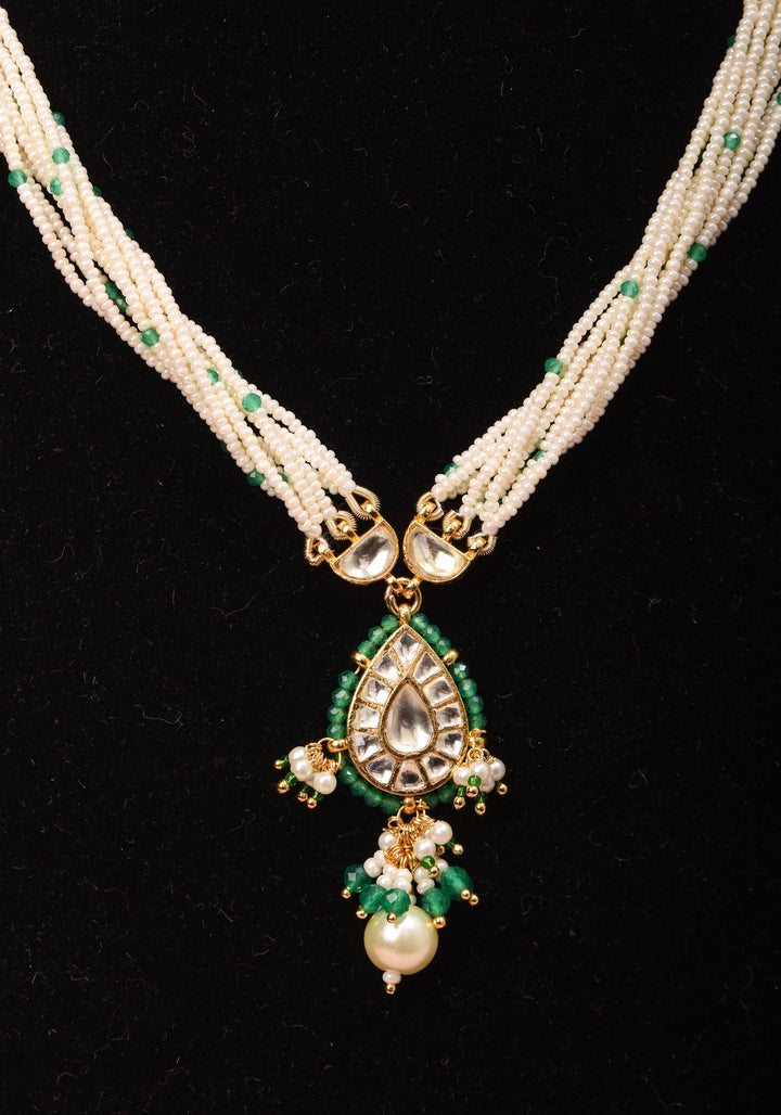 Ahmedabadi Kundan Necklace Set with white Multistrand beads with Drop pendant