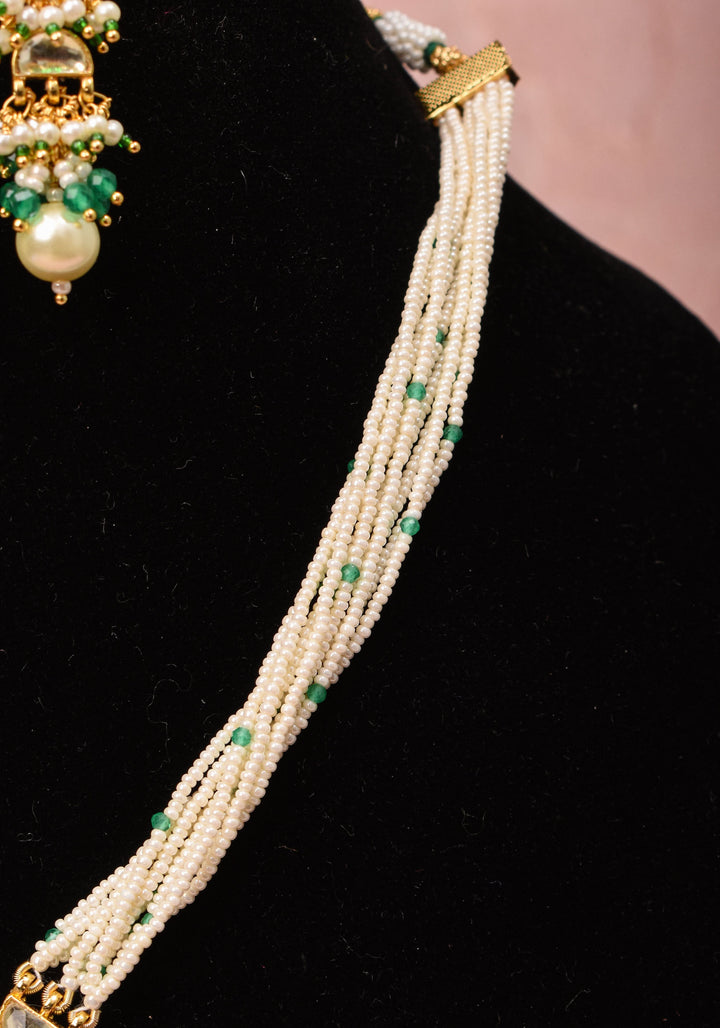 Ahmedabadi Kundan Necklace Set with white Multistrand beads with Drop pendant