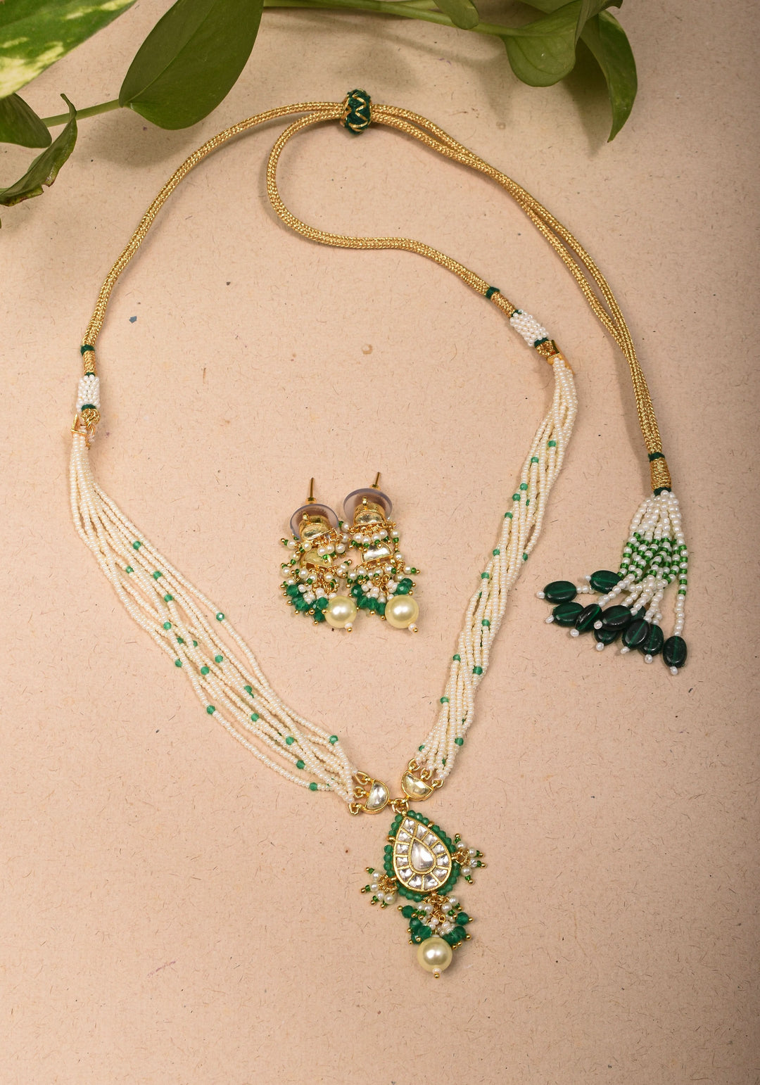 Ahmedabadi Kundan Necklace Set with white Multistrand beads with Drop pendant