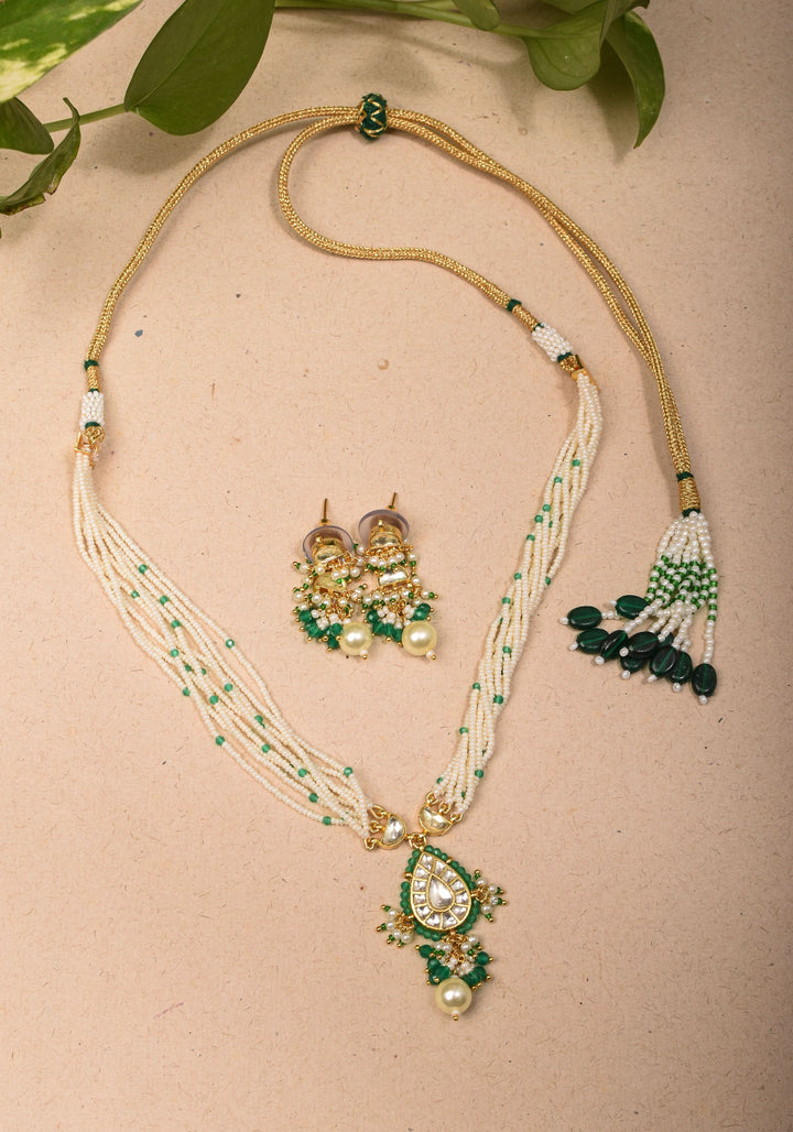 Ahmedabadi Kundan Necklace Set with white Multistrand beads with Drop pendant