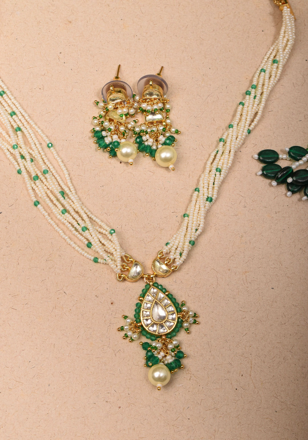 Ahmedabadi Kundan Necklace Set with white Multistrand beads with Drop pendant