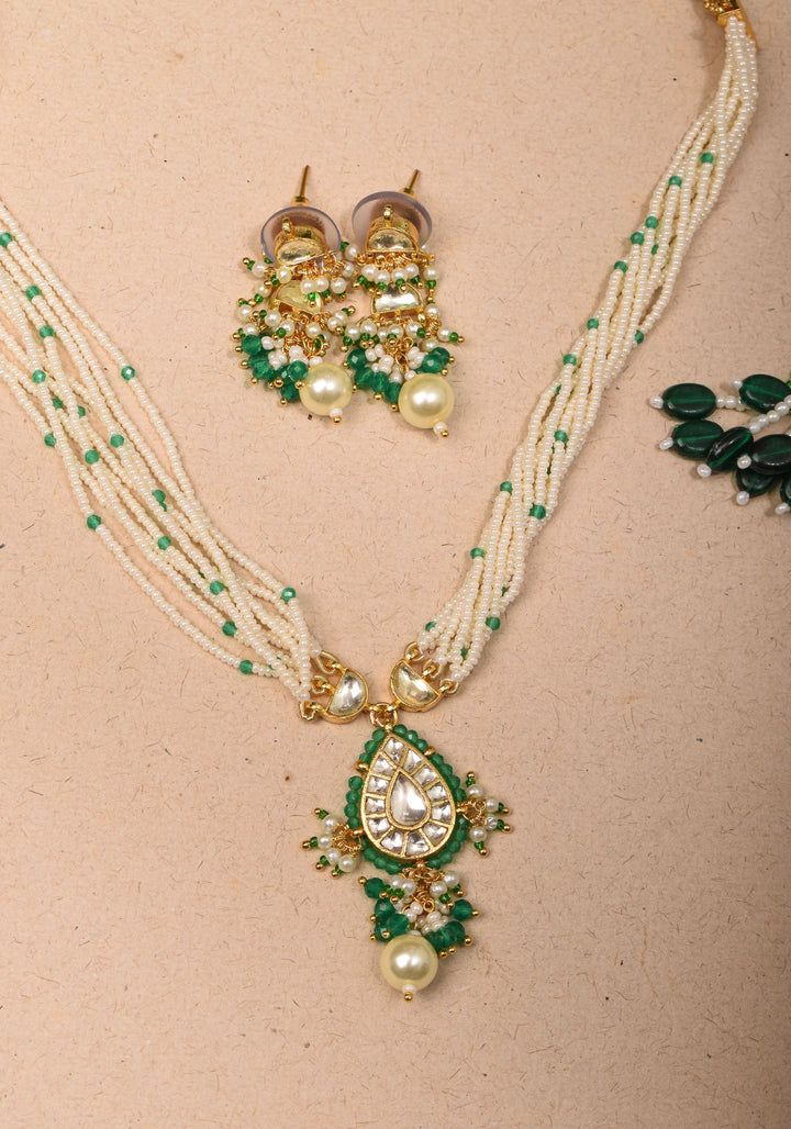 Ahmedabadi Kundan Necklace Set with white Multistrand beads with Drop pendant