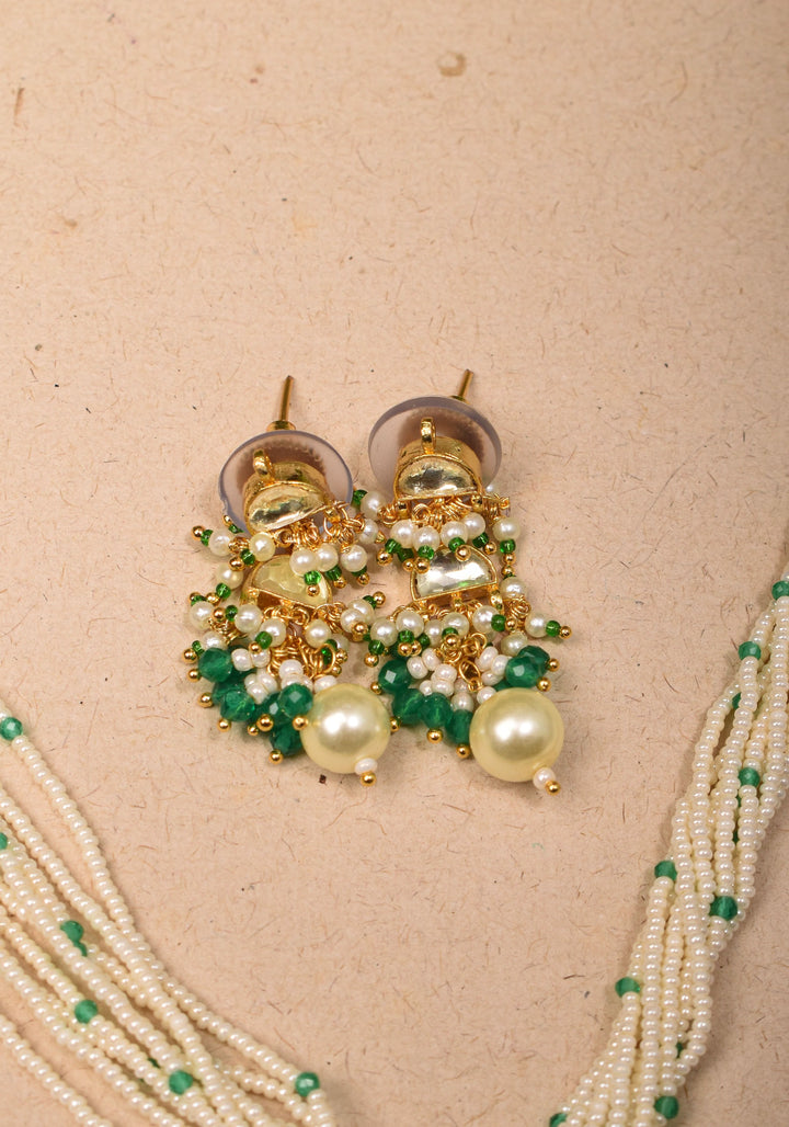 Ahmedabadi Kundan Necklace Set with white Multistrand beads with Drop pendant