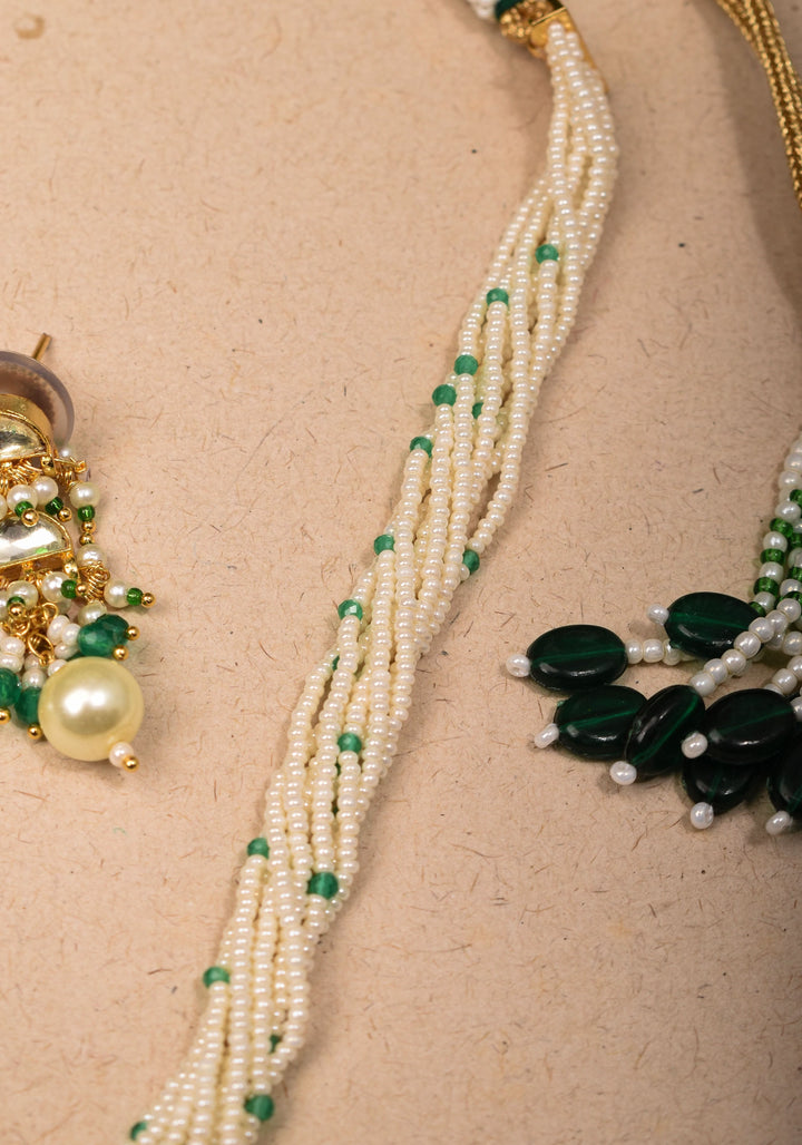 Ahmedabadi Kundan Necklace Set with white Multistrand beads with Drop pendant