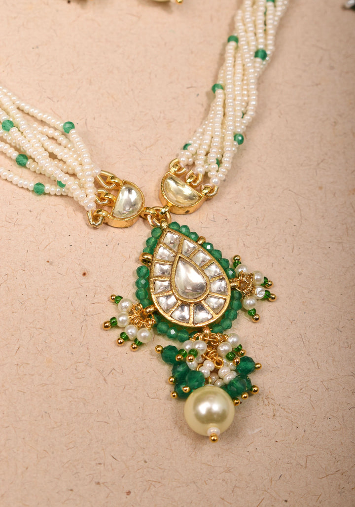Ahmedabadi Kundan Necklace Set with white Multistrand beads with Drop pendant