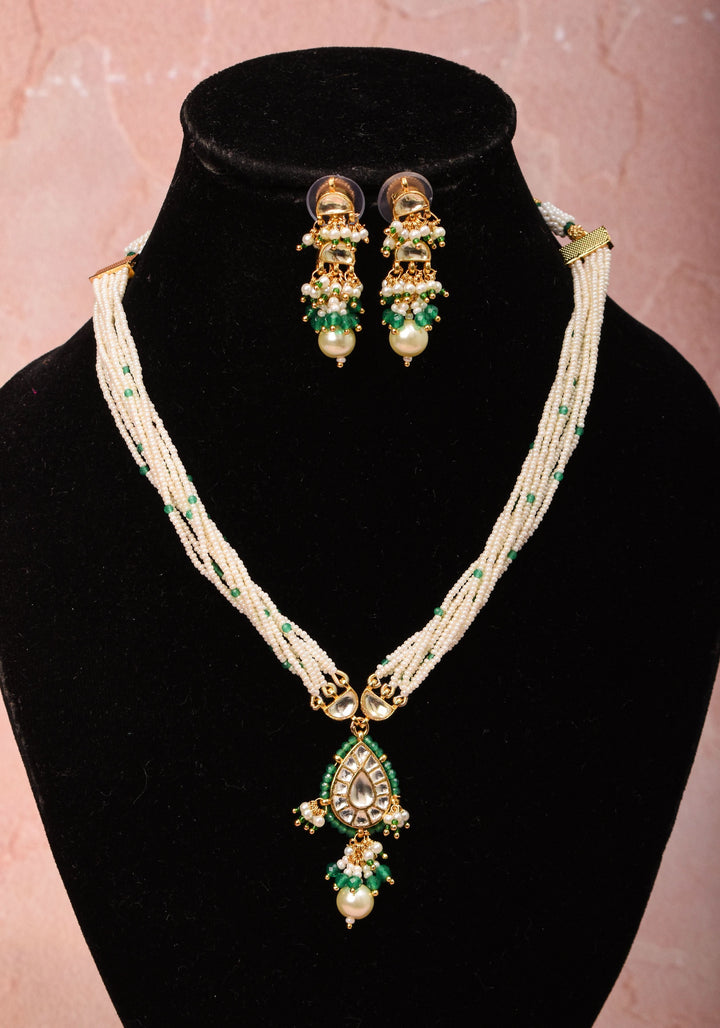 Ahmedabadi Kundan Necklace Set with white Multistrand beads with Drop pendant