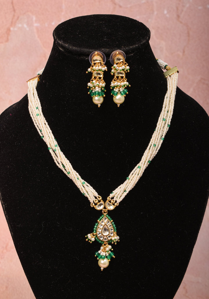 Ahmedabadi Kundan Necklace Set with white Multistrand beads with Drop pendant