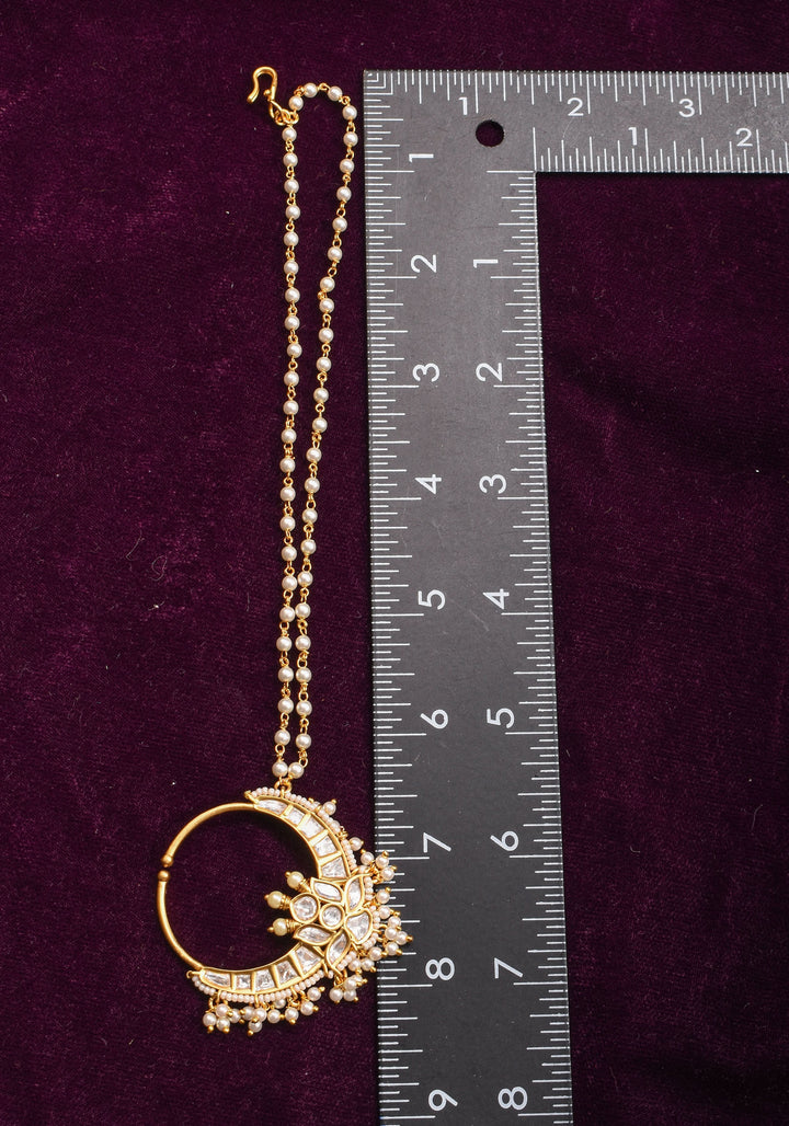 Non Piercing Nose Ring - Traditional Indian Nath with Polki Stones and Pearl Strand