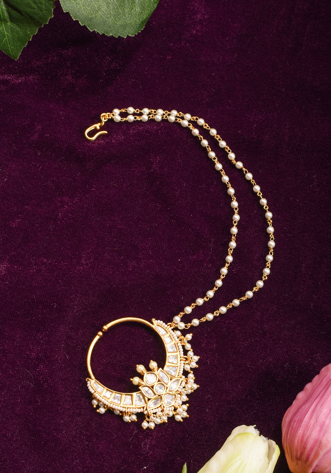 Non Piercing Nose Ring - Traditional Indian Nath with Polki Stones and Pearl Strand