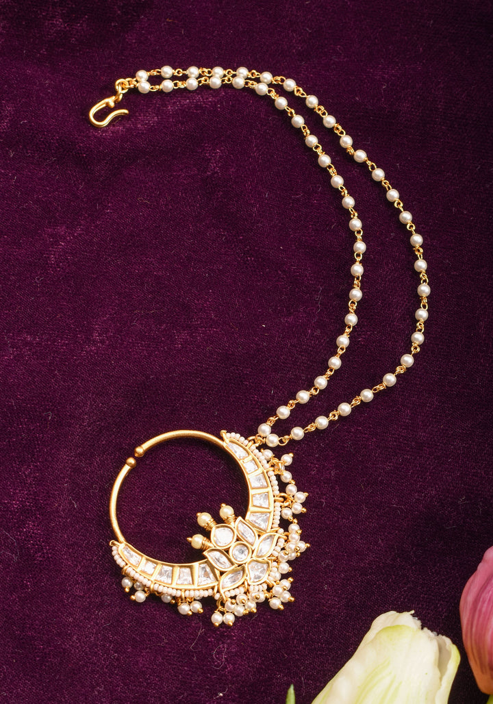 Non Piercing Nose Ring - Traditional Indian Nath with Polki Stones and Pearl Strand