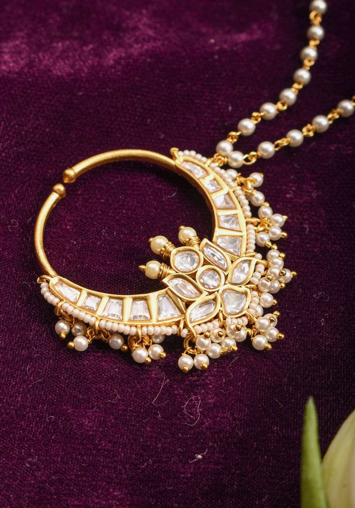 Non Piercing Nose Ring - Traditional Indian Nath with Polki Stones and Pearl Strand