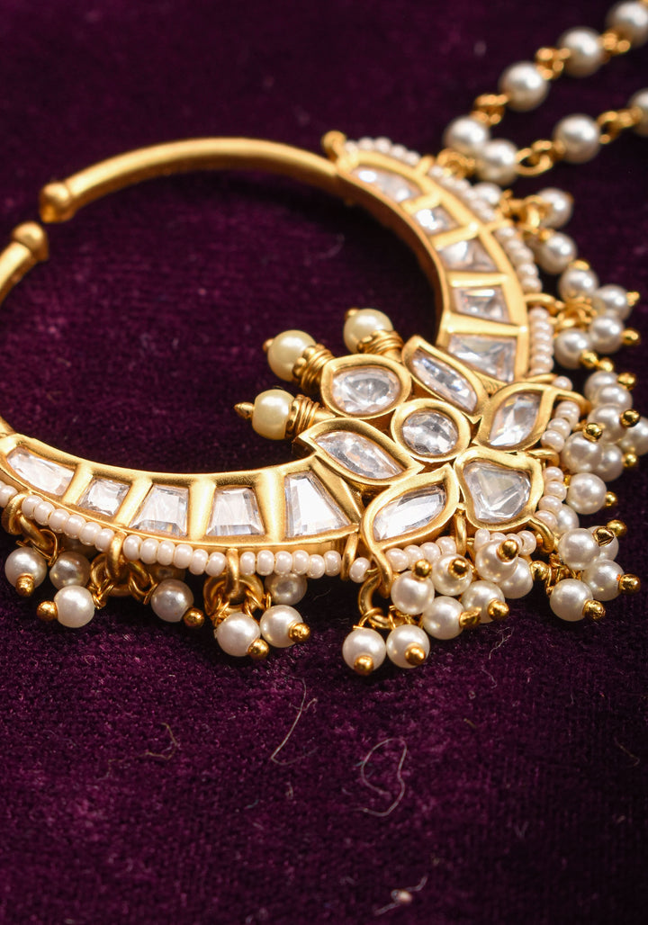 Non Piercing Nose Ring - Traditional Indian Nath with Polki Stones and Pearl Strand