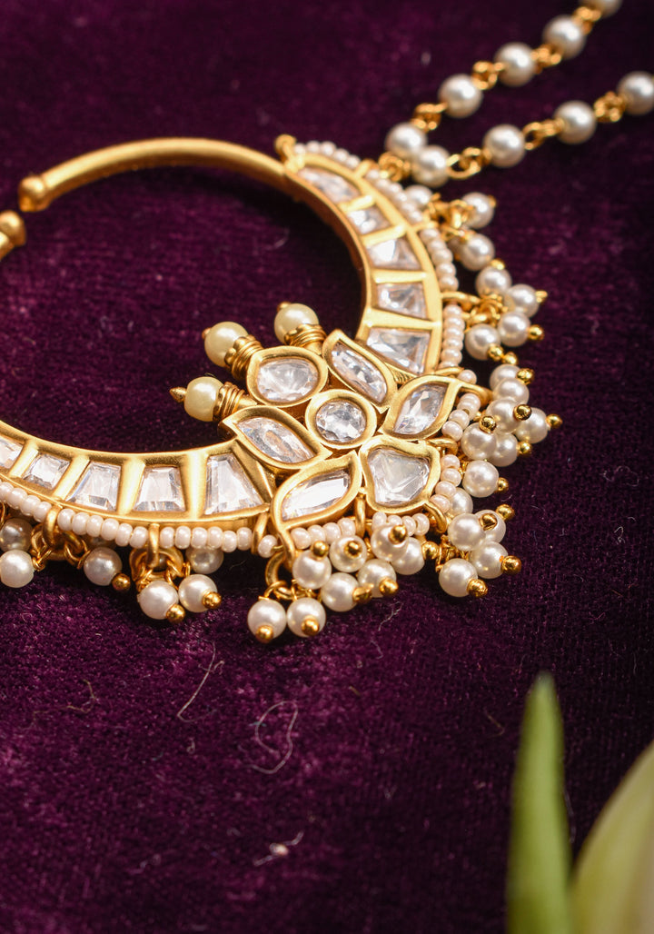 Non Piercing Nose Ring - Traditional Indian Nath with Polki Stones and Pearl Strand