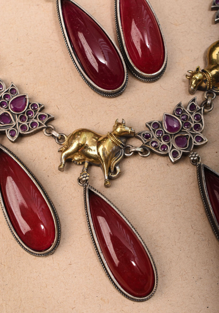 Fusion Dual Tone Jewelry with Pichwai Cow Units and tear drop red Stones | Shobitam Jewelry