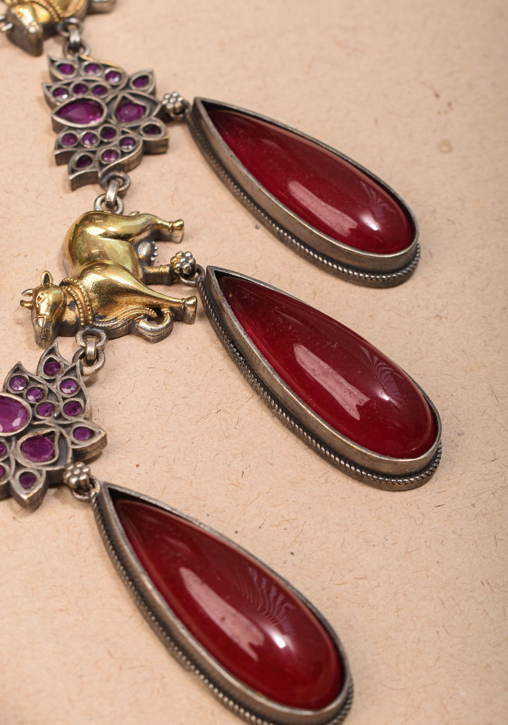 Fusion Dual Tone Jewelry with Pichwai Cow Units and tear drop red Stones | Shobitam Jewelry