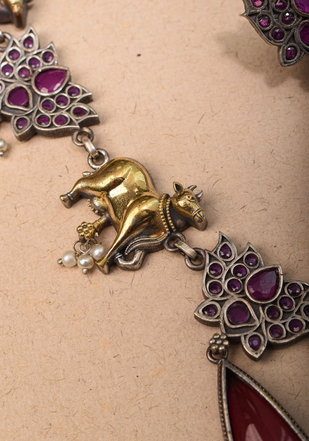 Fusion Dual Tone Jewelry with Pichwai Cow Units and tear drop red Stones | Shobitam Jewelry