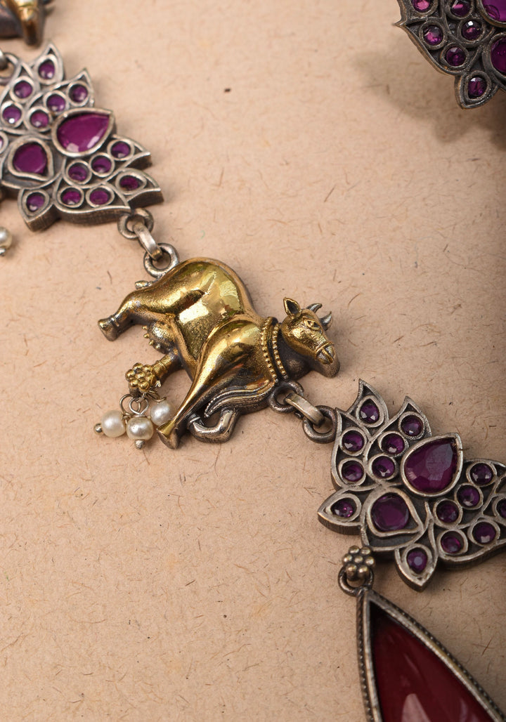 Fusion Dual Tone Jewelry with Pichwai Cow Units and tear drop red Stones | Shobitam Jewelry