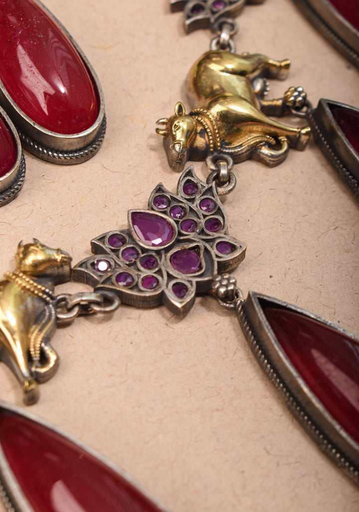 Fusion Dual Tone Jewelry with Pichwai Cow Units and tear drop red Stones | Shobitam Jewelry