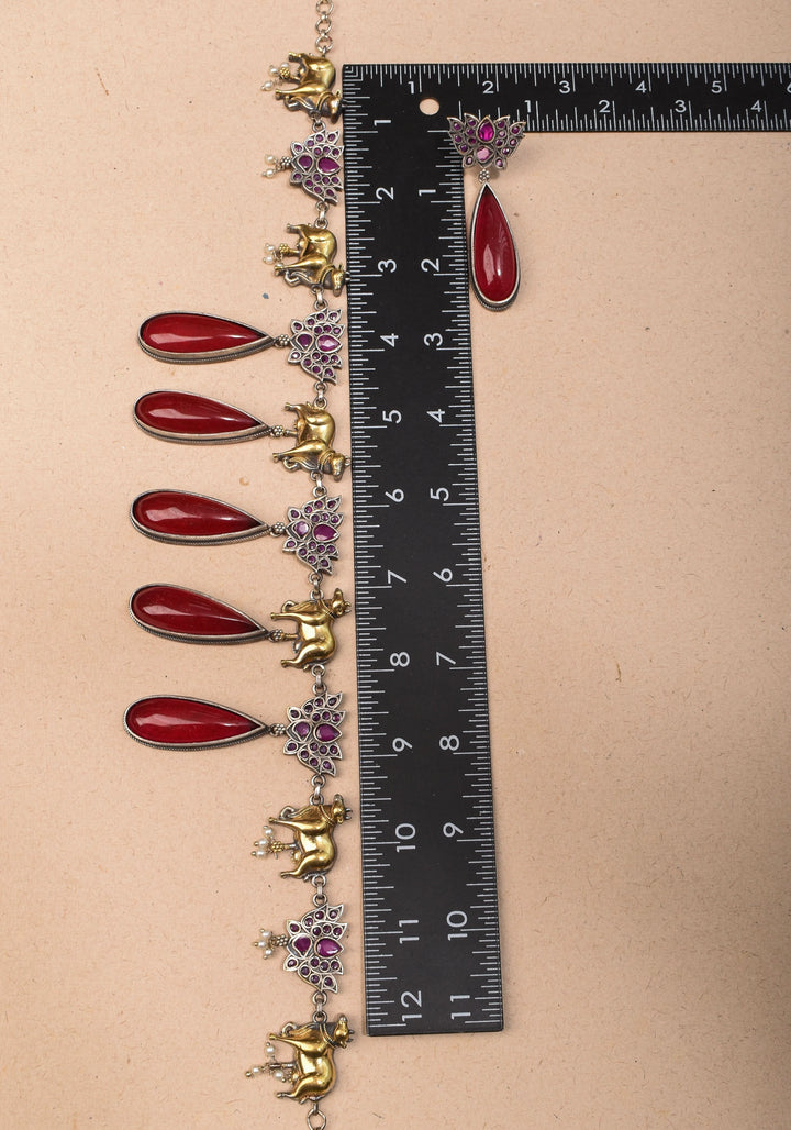 Fusion Dual Tone Jewelry with Pichwai Cow Units and tear drop red Stones | Shobitam Jewelry