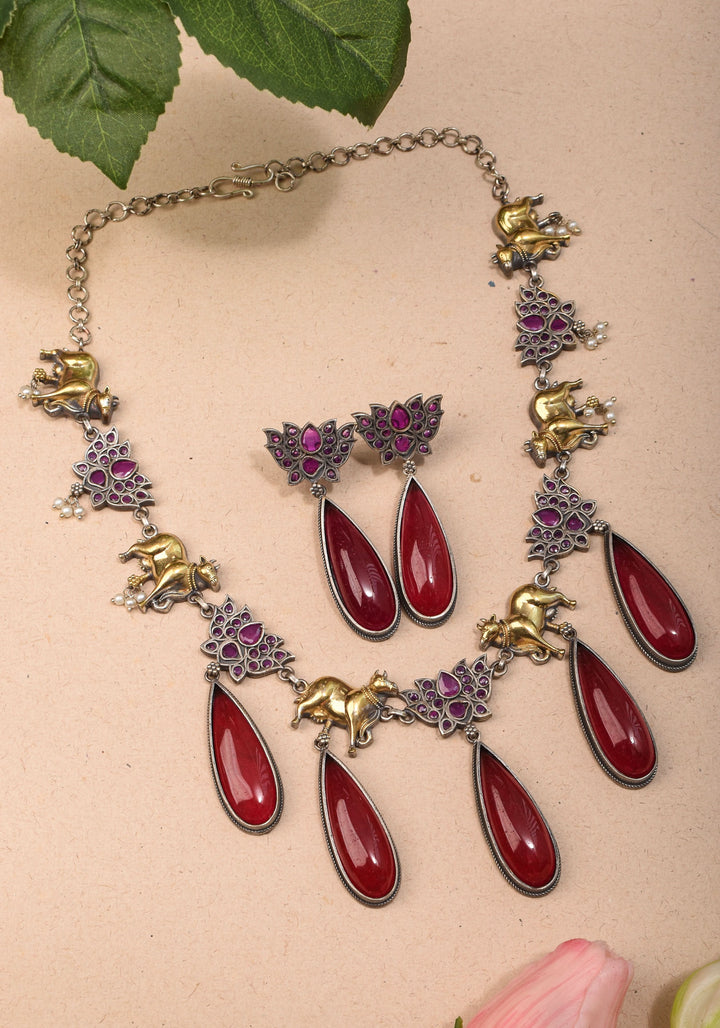 Fusion Dual Tone Jewelry with Pichwai Cow Units and tear drop red Stones | Shobitam Jewelry
