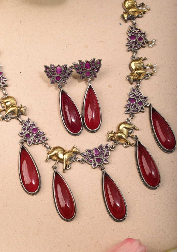 Fusion Dual Tone Jewelry with Pichwai Cow Units and tear drop red Stones | Shobitam Jewelry