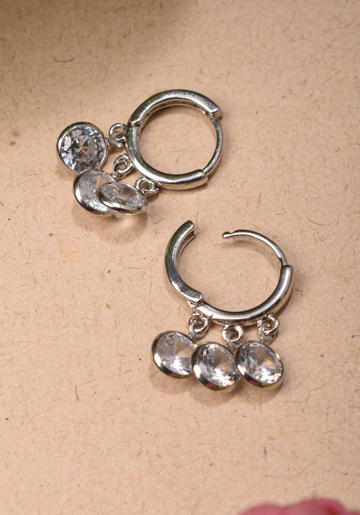 Silver Hoop Huggies Earrings with Dangling Clear Stones | Shobitam Jewelry