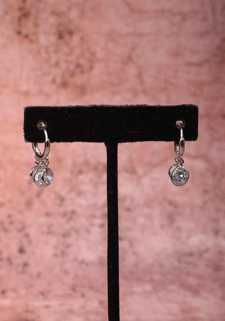Silver Hoop Huggies Earrings with Dangling Clear Stones | Shobitam Jewelry