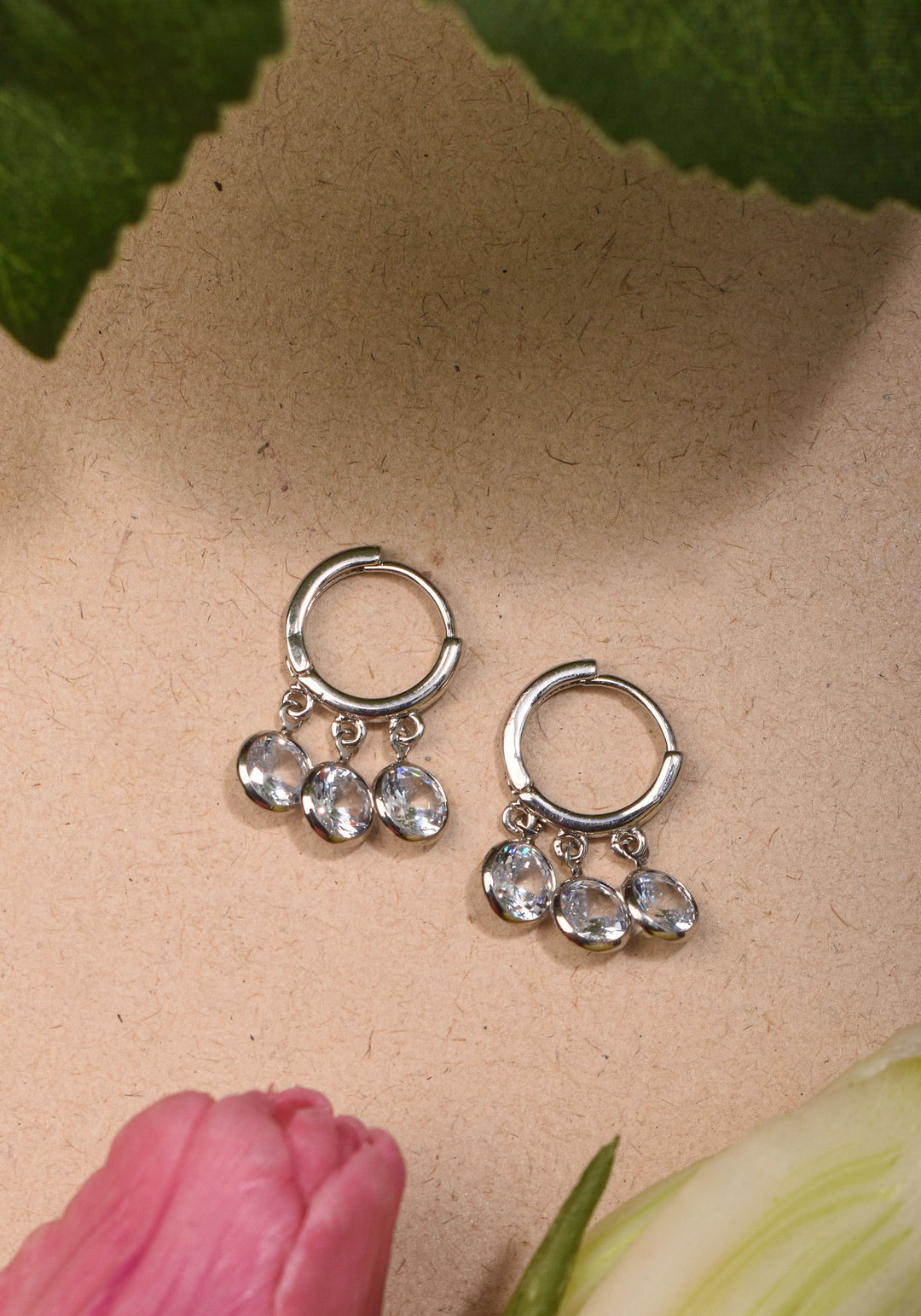 Silver Hoop Huggies Earrings with Dangling Clear Stones | Shobitam Jewelry