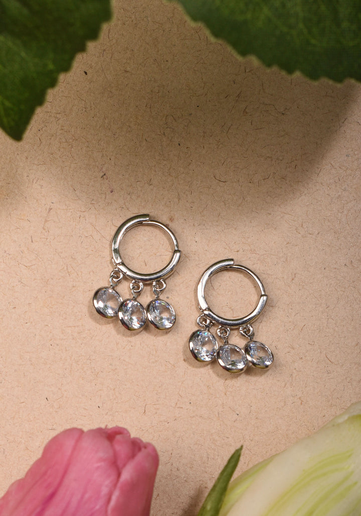 Silver Hoop Huggies Earrings with Dangling Clear Stones | Shobitam Jewelry