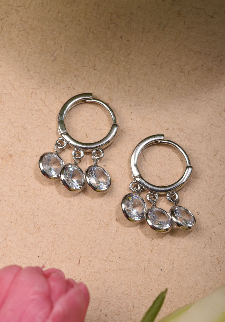 Silver Hoop Huggies Earrings with Dangling Clear Stones | Shobitam Jewelry
