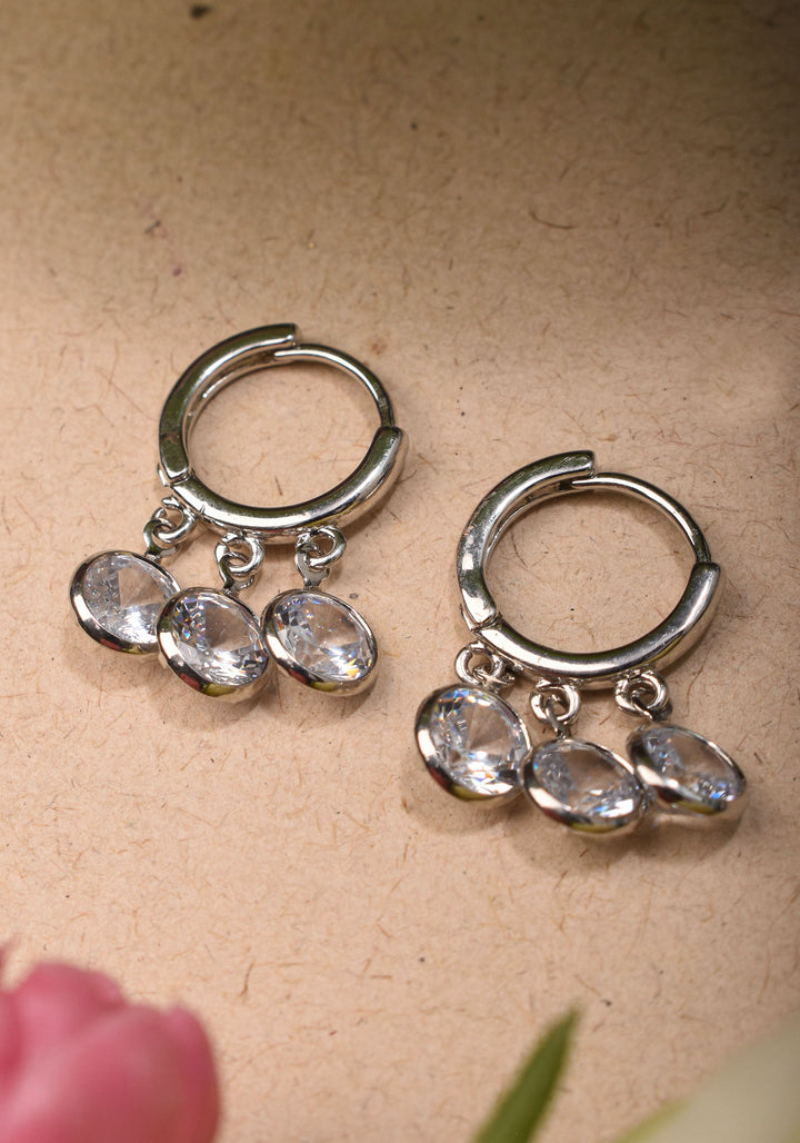 Silver Hoop Huggies Earrings with Dangling Clear Stones | Shobitam Jewelry