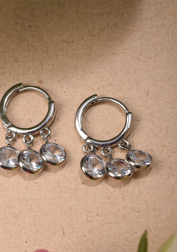 Silver Hoop Huggies Earrings with Dangling Clear Stones | Shobitam Jewelry
