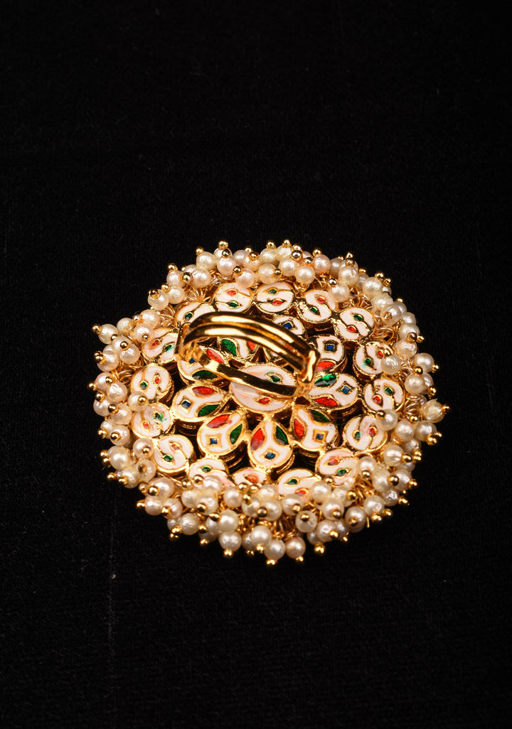 Oversized kundan and beads finger ring, adjustable