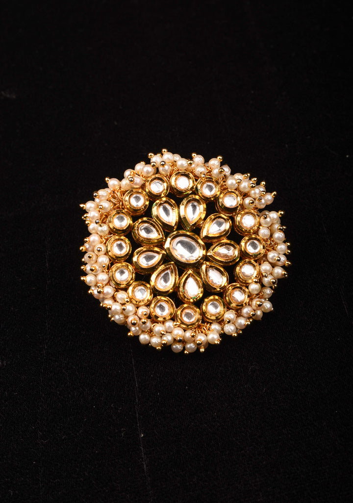 Oversized kundan and beads finger ring, adjustable
