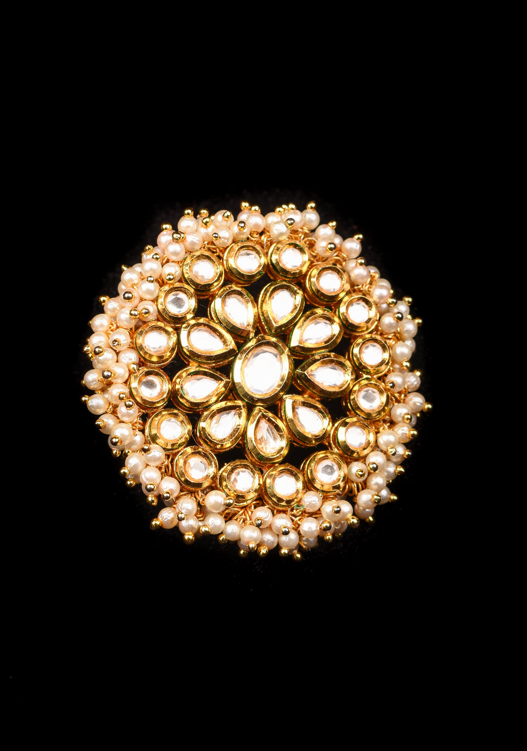 Oversized kundan and beads finger ring, adjustable