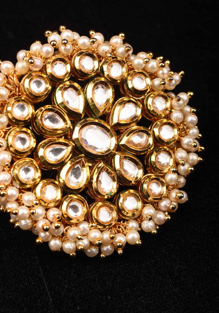 Oversized kundan and beads finger ring, adjustable