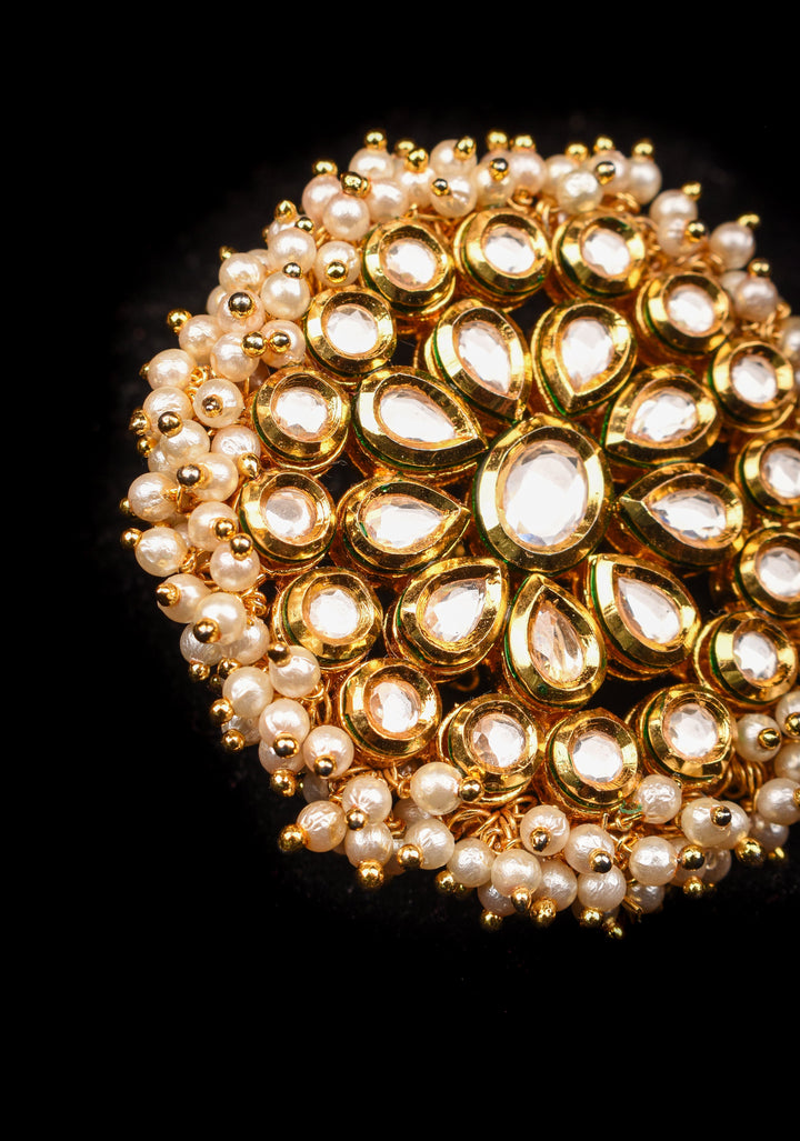 Oversized kundan and beads finger ring, adjustable