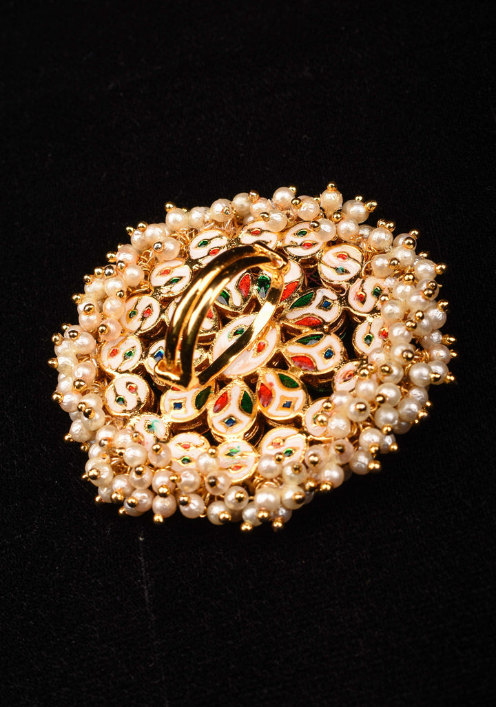 Oversized kundan and beads finger ring, adjustable